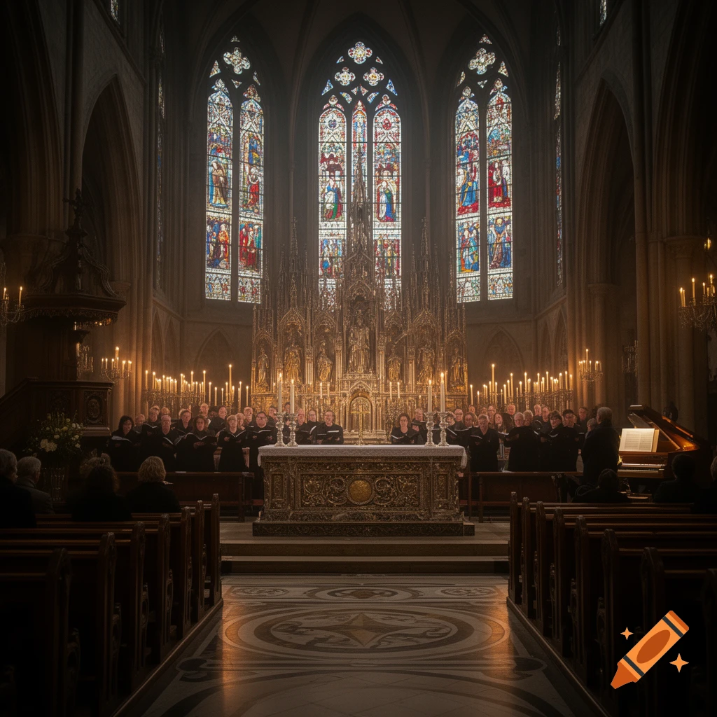 A choir sings in a grand, candlelit Gothic church, illuminated by vibrant stained glass windows and golden altar details.