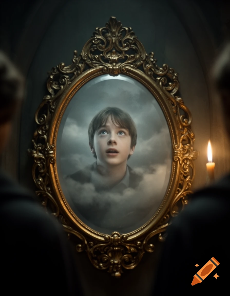 Young boy with blue eyes looking up, reflected in an ornate gold mirror, surrounded by clouds.
