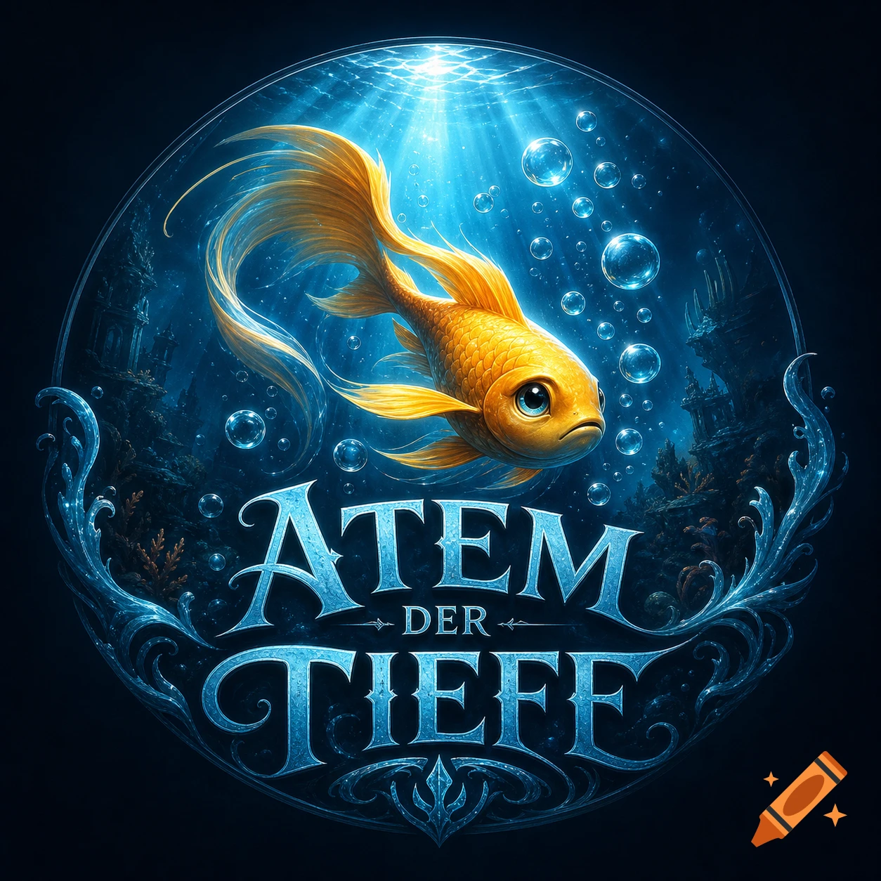 Cartoon goldfish with big eyes in a bright blue underwater logo with glowing bubbles and the title 'ATEM DER TIEFE'.