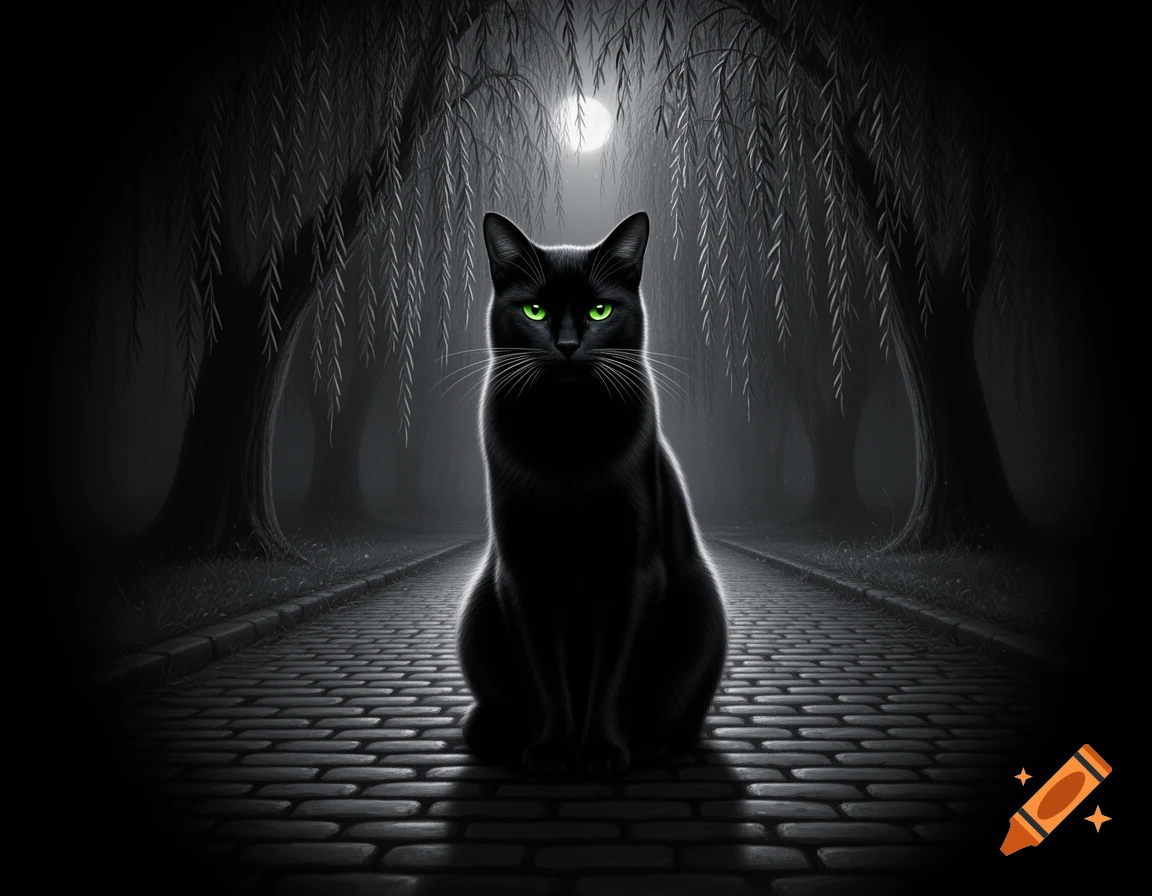 A black cat with bright green eyes sits on a moonlit cobblestone path framed by dark, weeping willow trees.