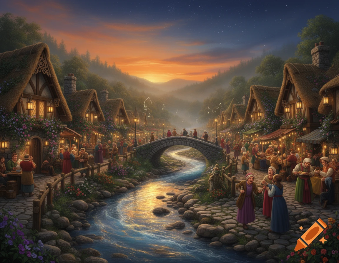 A vibrant fantasy village at dusk, with glowing thatched-roof houses, a winding river, a stone bridge, and many villagers bustling about.