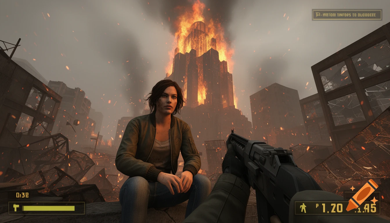 A Half-Life 2 style gameplay screenshot shows Alyx sitting next to the player, with a large building on fire in the background.