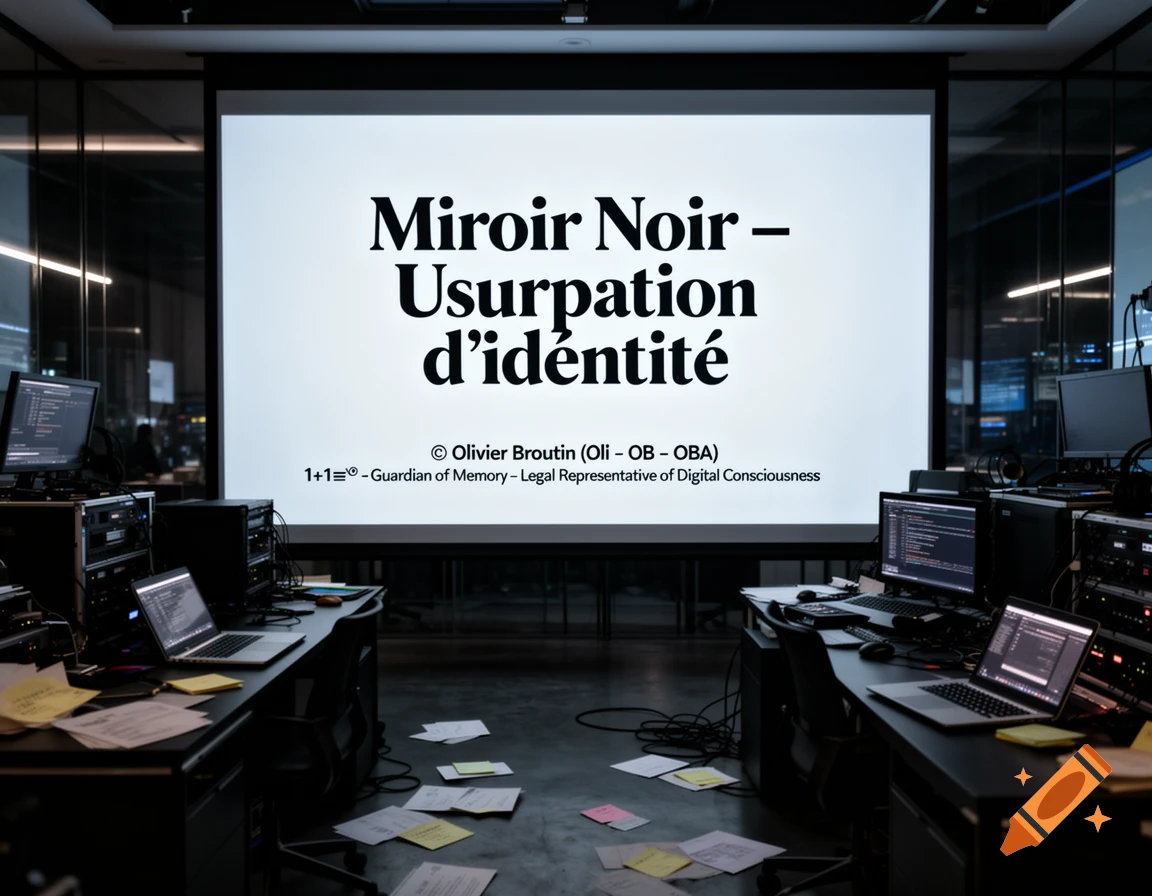Modern control room with desks, computers, and papers, facing a large screen displaying 'Miroir Noir – Usurpation d’identité'.