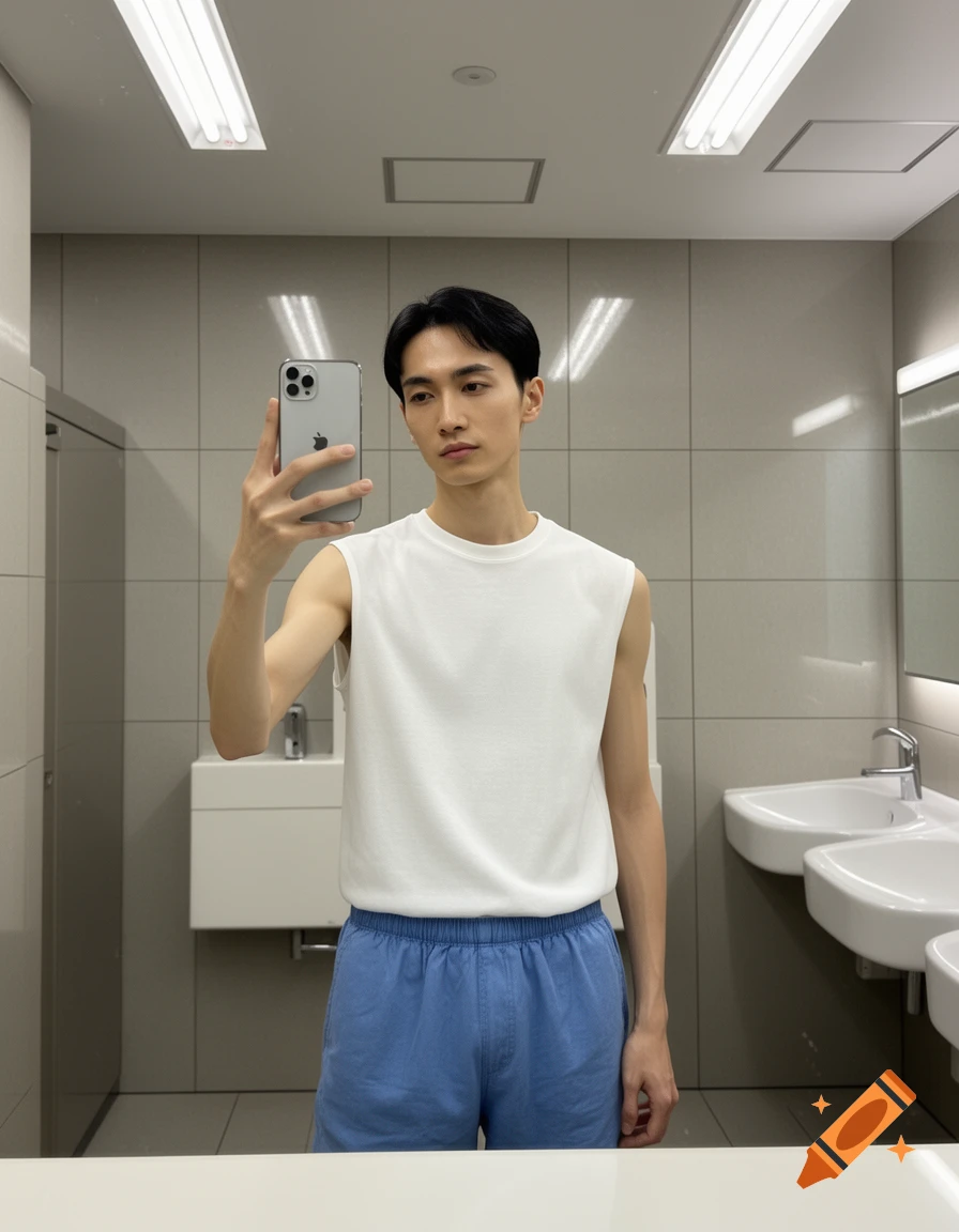 A photorealistic image of a Japanese man in a white sleeveless shirt and blue shorts, taking a selfie in a public restroom mirror with an iPhone.