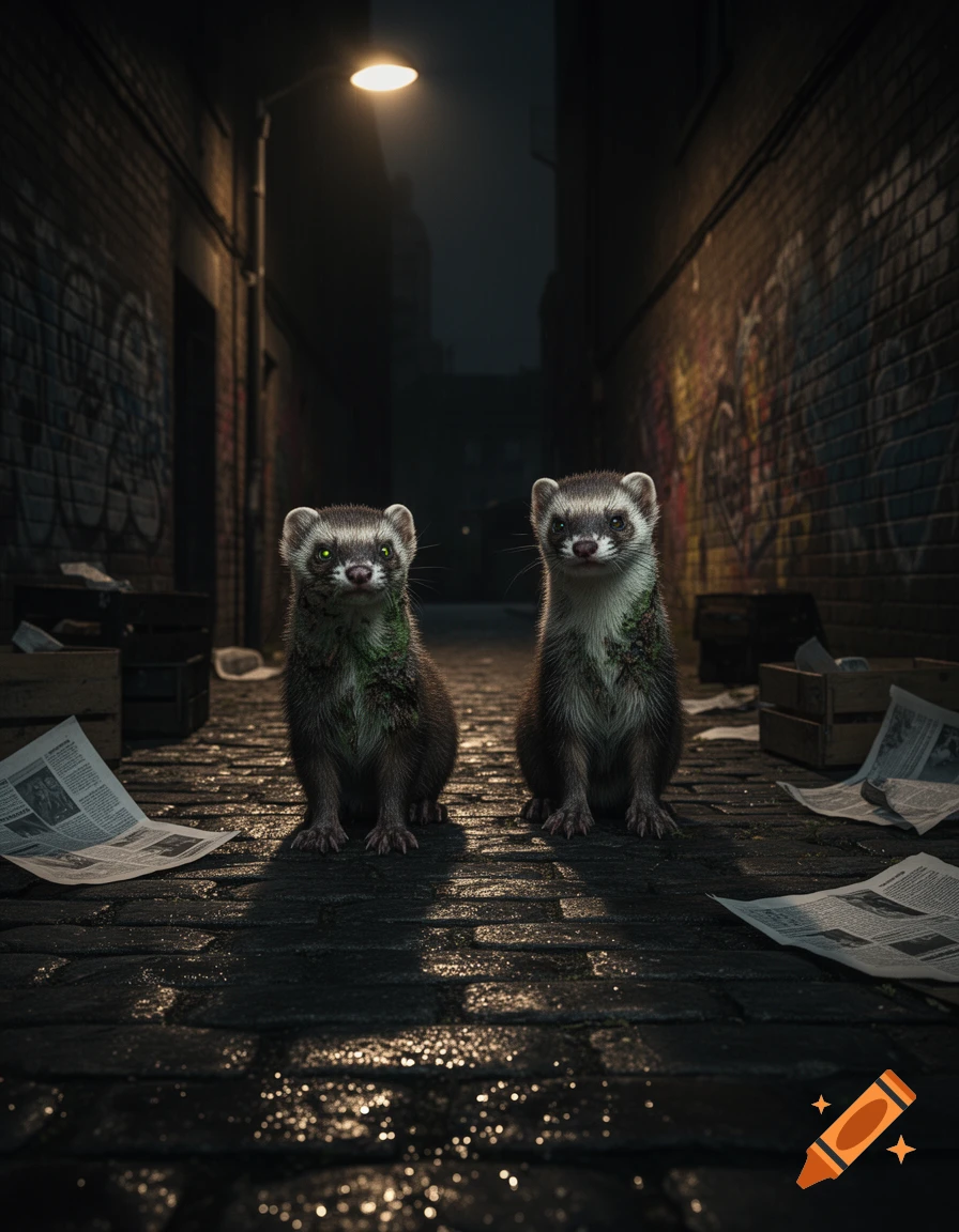 Two green-furred ferrets sit on a wet cobblestone alley floor under a single streetlamp, flanked by graffiti-covered brick walls at night.