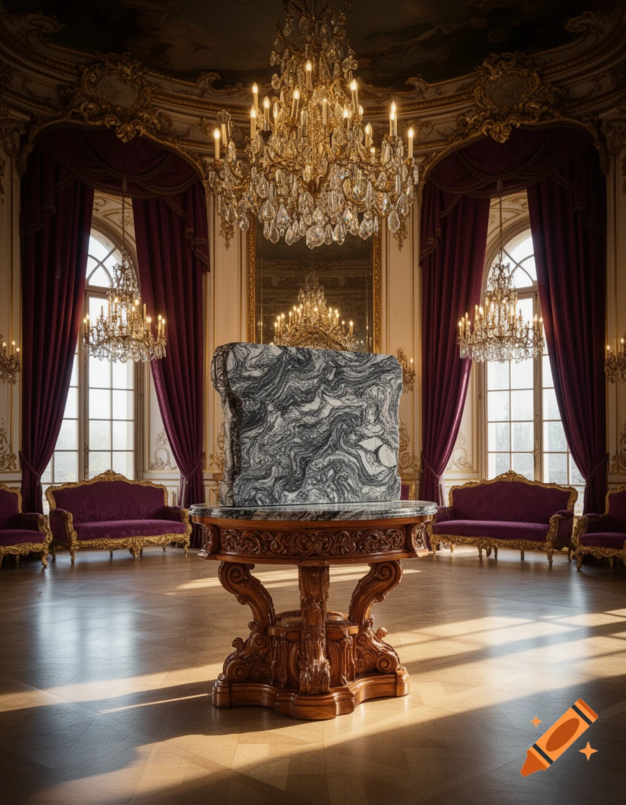 An opulent baroque room with gold decor, chandeliers, red curtains, and a large gray and white marble sculpture on a carved wooden table.