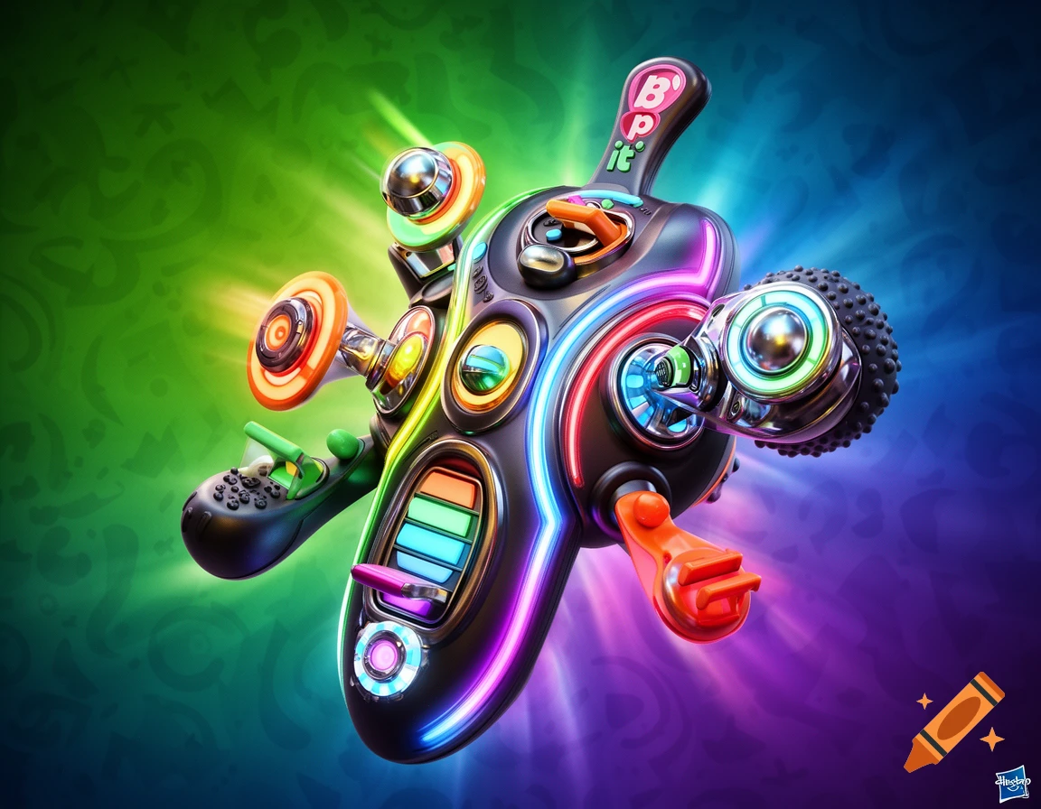 A futuristic, colorful Bop It toy with glowing neon lights and multiple interactive elements against a vibrant green and blue gradient background.