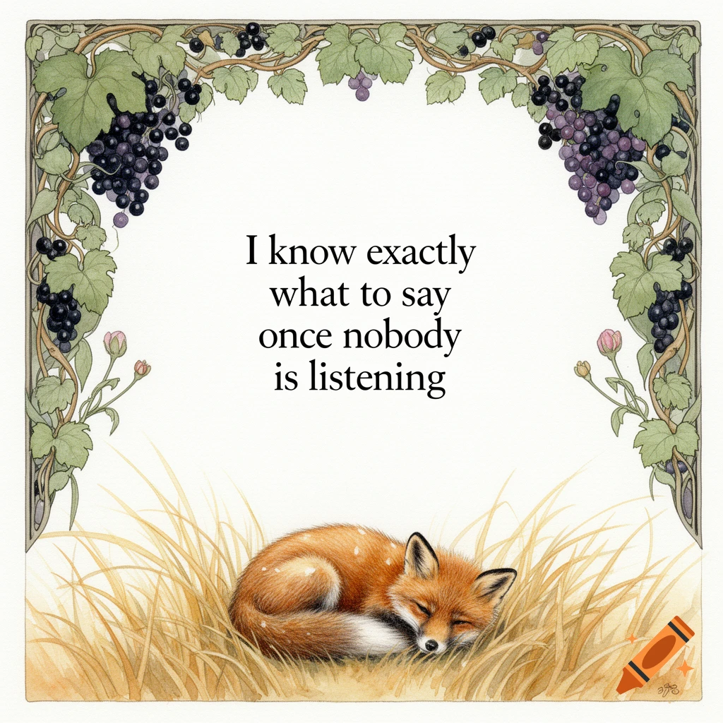 Watercolor illustration of a sleeping baby fox in golden grass, framed by grapevines, with a central quote: 'I know exactly what to say once nobody is listening'.