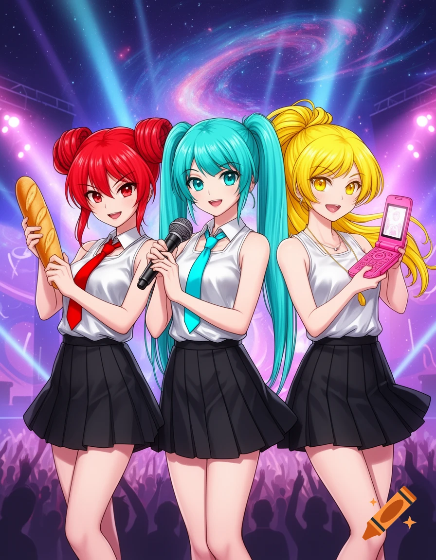 Three anime girls with red, turquoise, and yellow hair, wearing school uniforms, perform on a vibrant stage with a microphone, baguette, and flip phone.