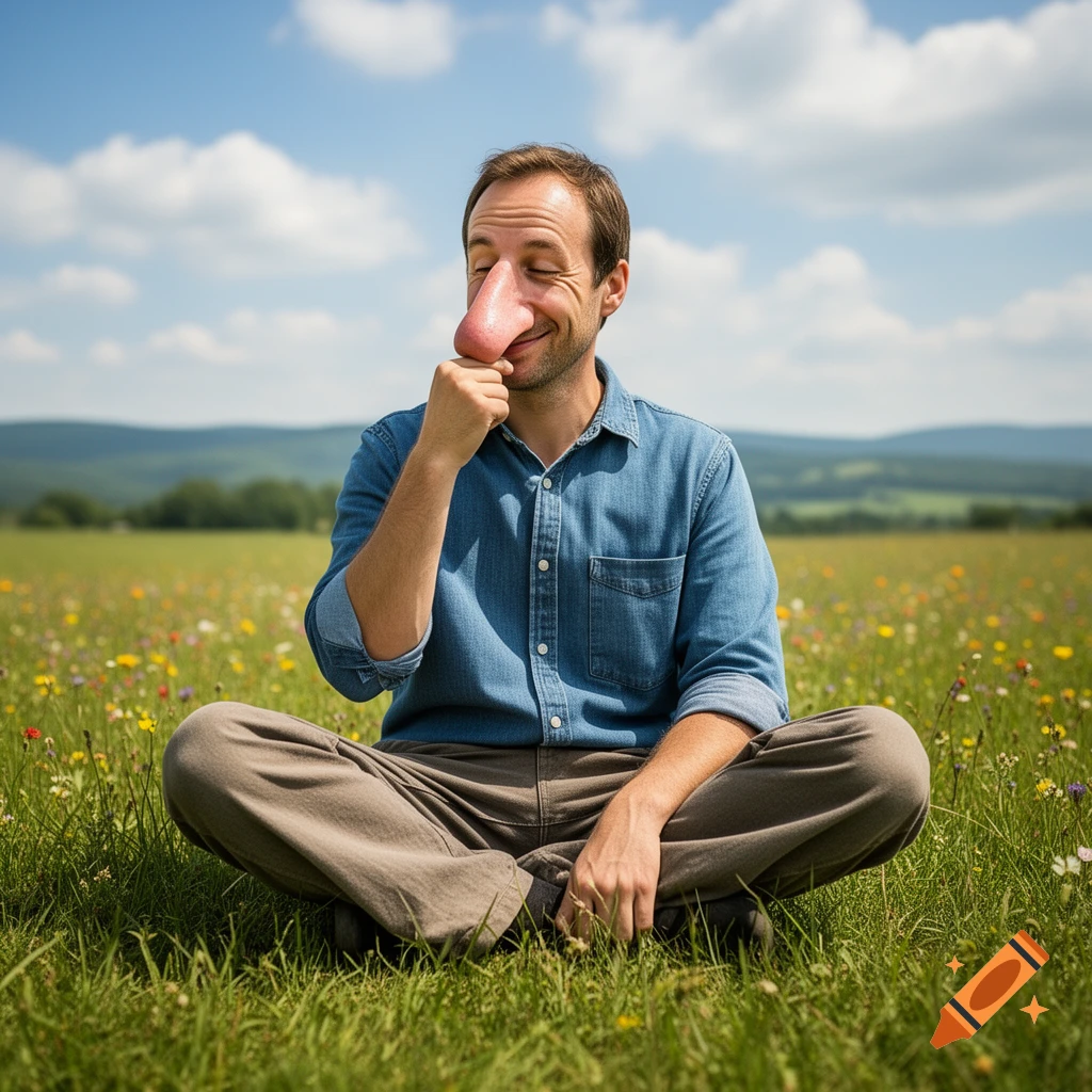 A man with an oversized fake nose smiles while sitting cross-legged in a vibrant green meadow under a blue sky.
