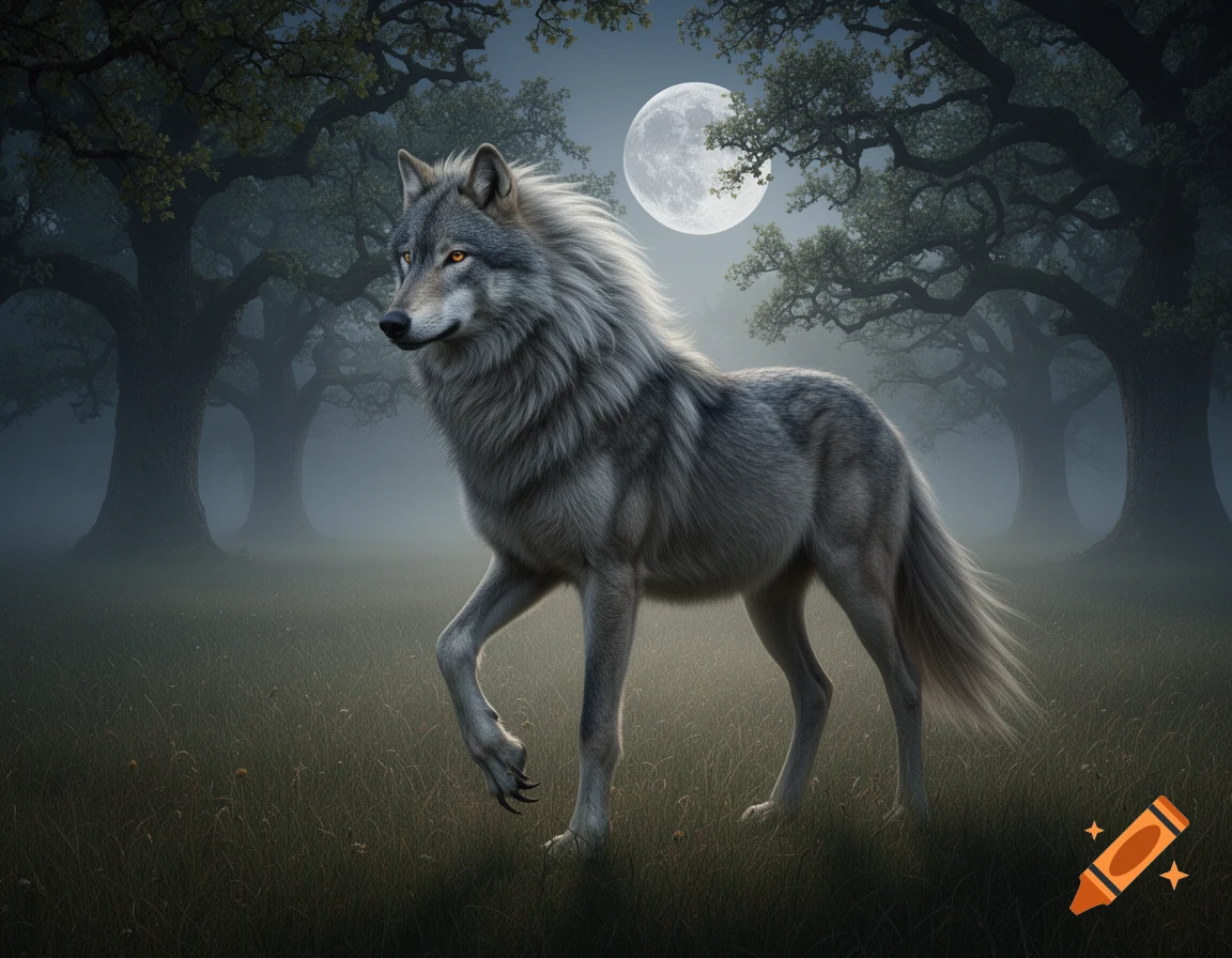 A majestic gray wolf-like creature stands in a misty, moonlit forest with large trees in the background.