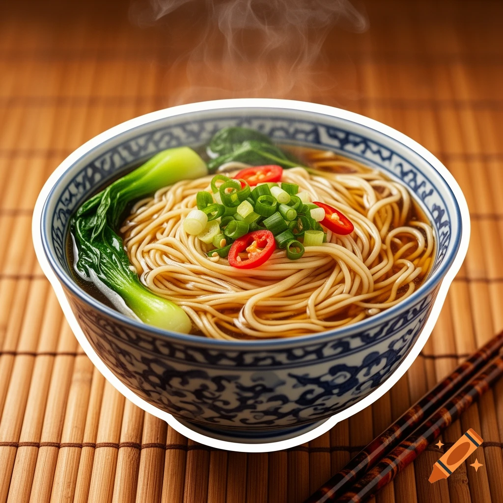 A close-up of a steaming bowl of noodles with bok choy, green onions, and chili slices on a bamboo mat, with chopsticks nearby.