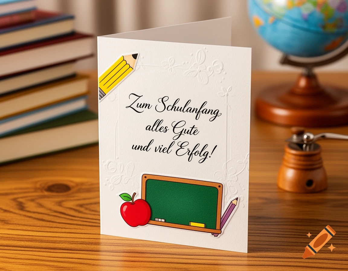 A greeting card for the start of school with an apple, blackboard, pencils, globe, and books on a wooden desk.
