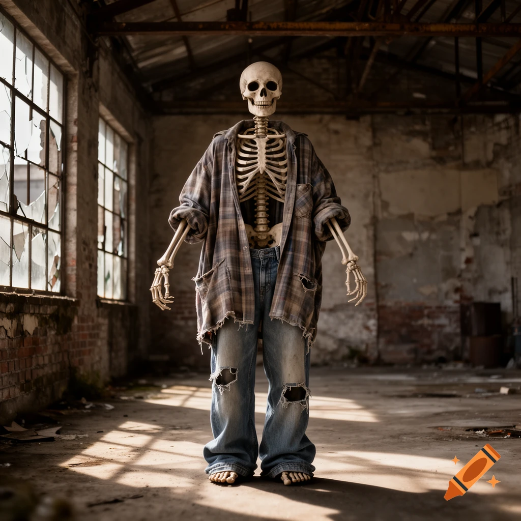 Photorealistic image of a skeleton wearing a ripped plaid shirt and baggy jeans, standing in a derelict, sunlit warehouse.
