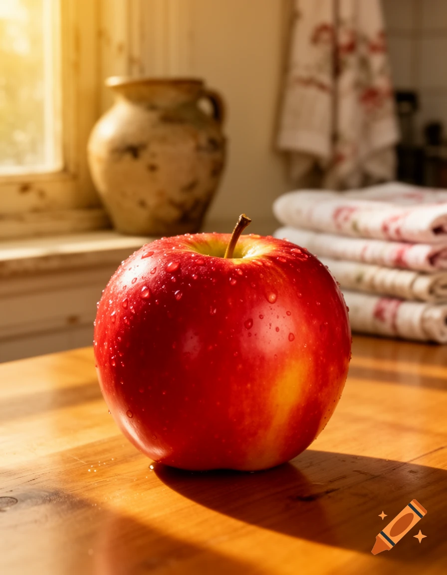 Close-up photorealistic shot of a wet red apple on a sunlit wooden table with a blurred background.