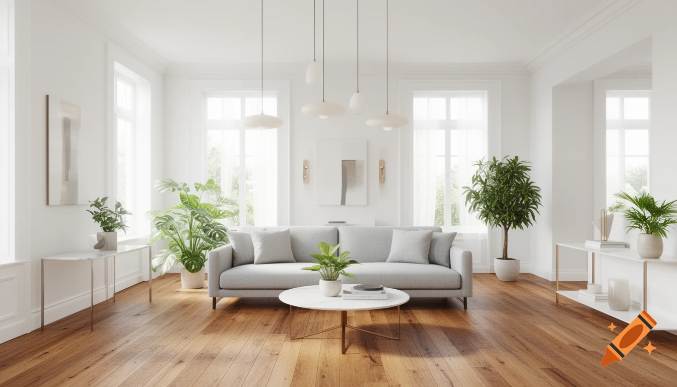 Photorealistic modern living room with a light gray sofa, wooden floors, large windows, and indoor plants.