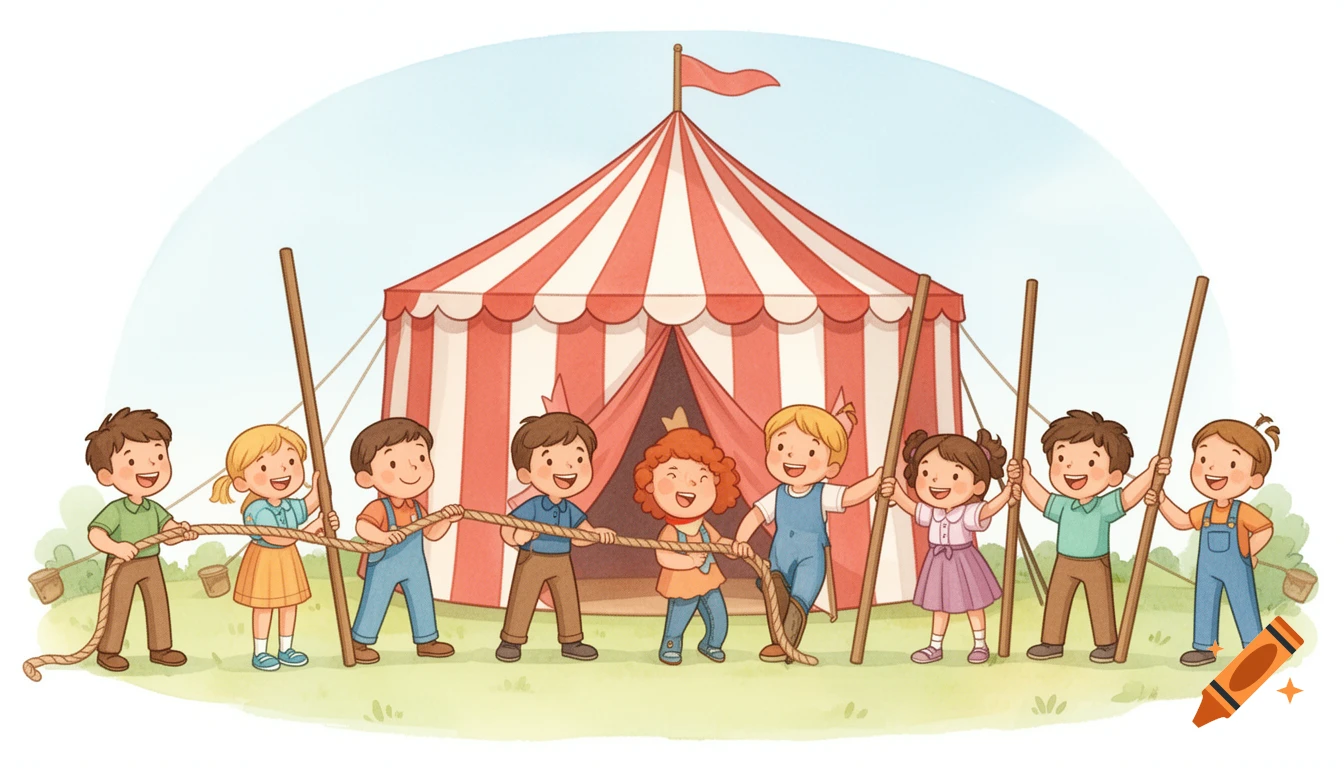 Friendly cartoon children smiling and working together to set up a red and white striped circus tent, pulling ropes and holding poles.