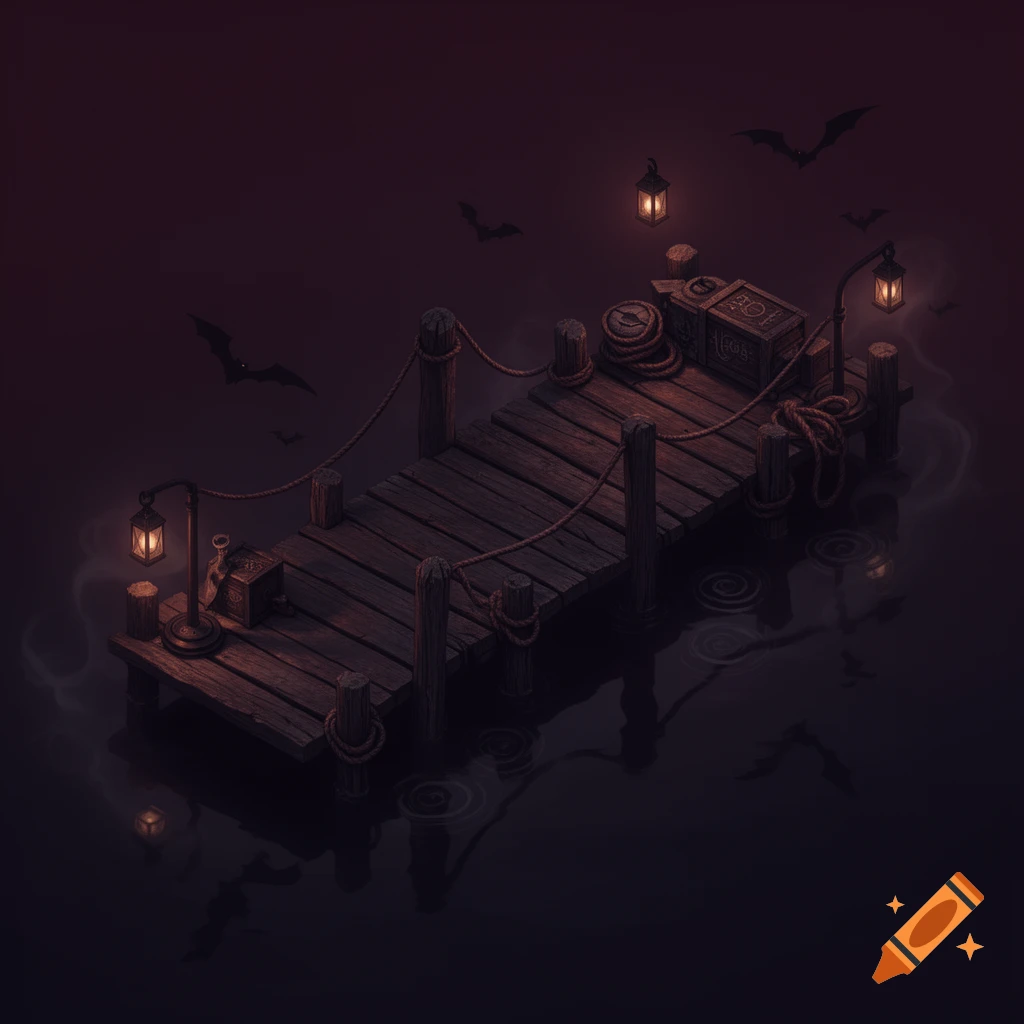 An isometric view of a dark wooden dock at night with lit lanterns, ropes, a chest, and bats flying over dark water.