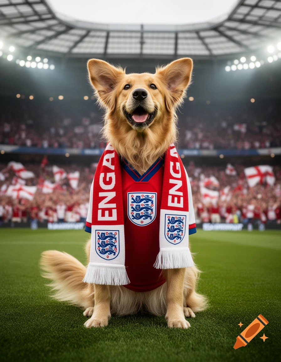 A golden retriever sits on a green football pitch wearing an England national team jersey and scarf in a crowded stadium.