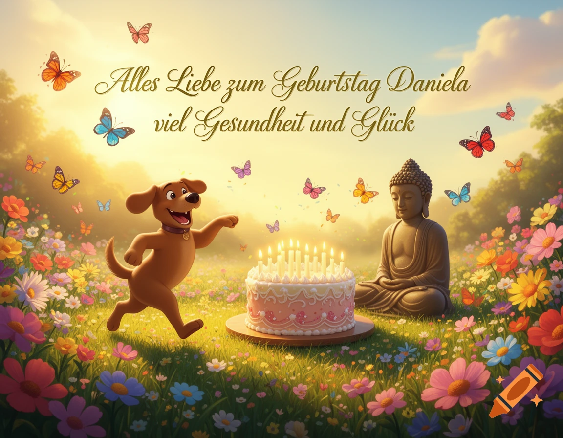 A cheerful cartoon dog with a birthday cake, a serene Buddha statue, colorful flowers, and butterflies under a bright sky with German birthday wishes.