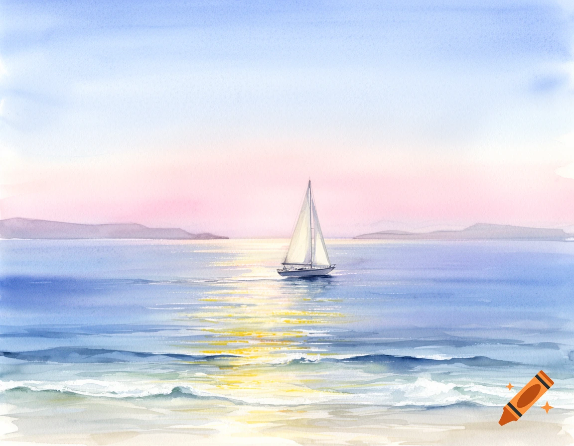 Watercolor painting of a sailboat on a calm ocean under a pink and blue sky, with sunlight reflecting on the water.