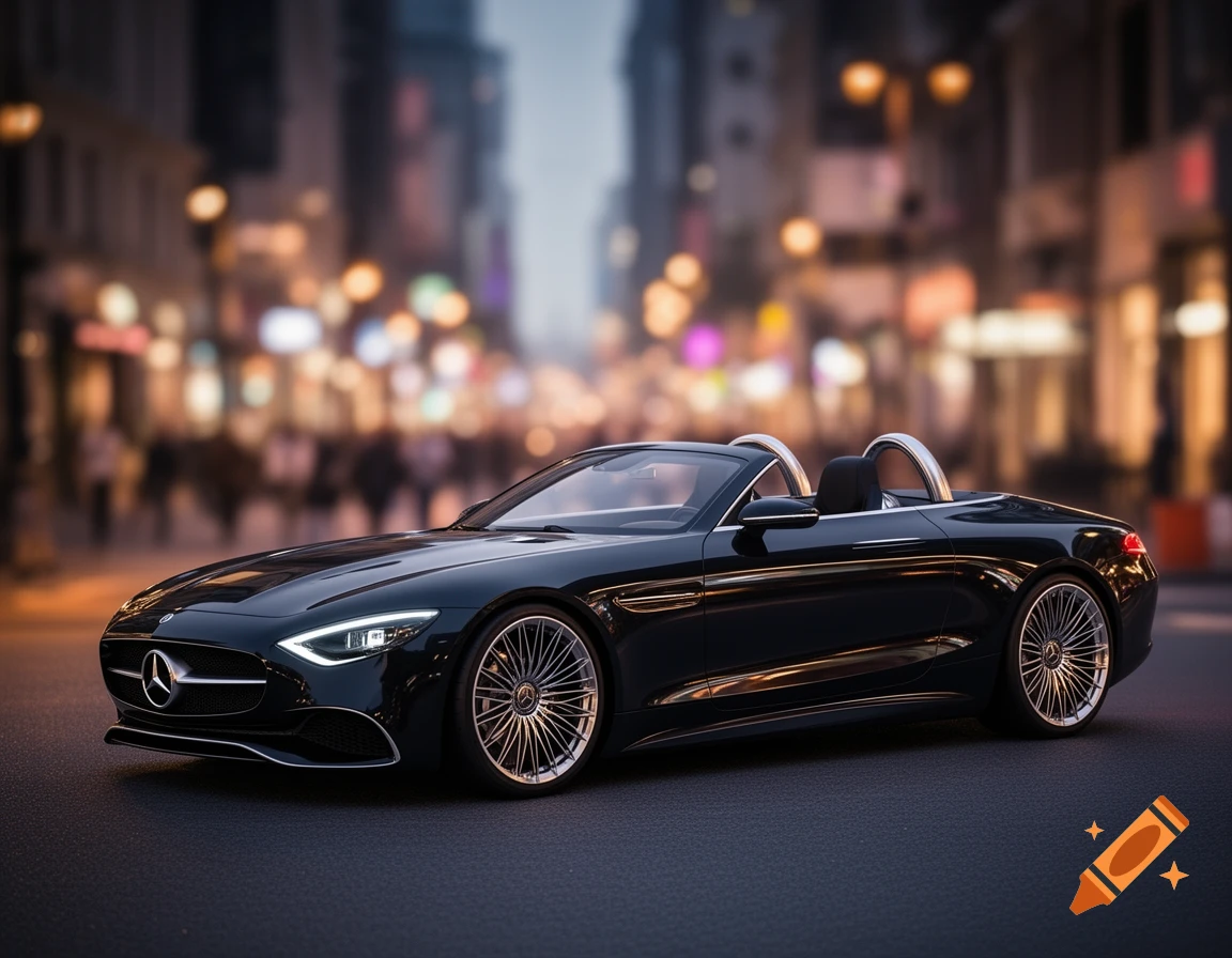 A sleek black convertible sports car, likely a Mercedes, is parked on a dark city street with blurred lights in the background.