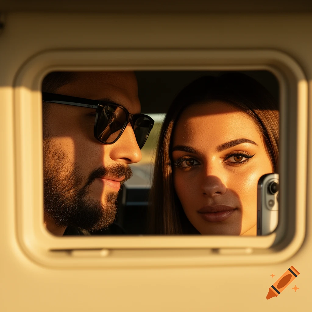 A man and a woman in sunglasses taking a selfie in a car's sun visor mirror, lit by golden hour sun.