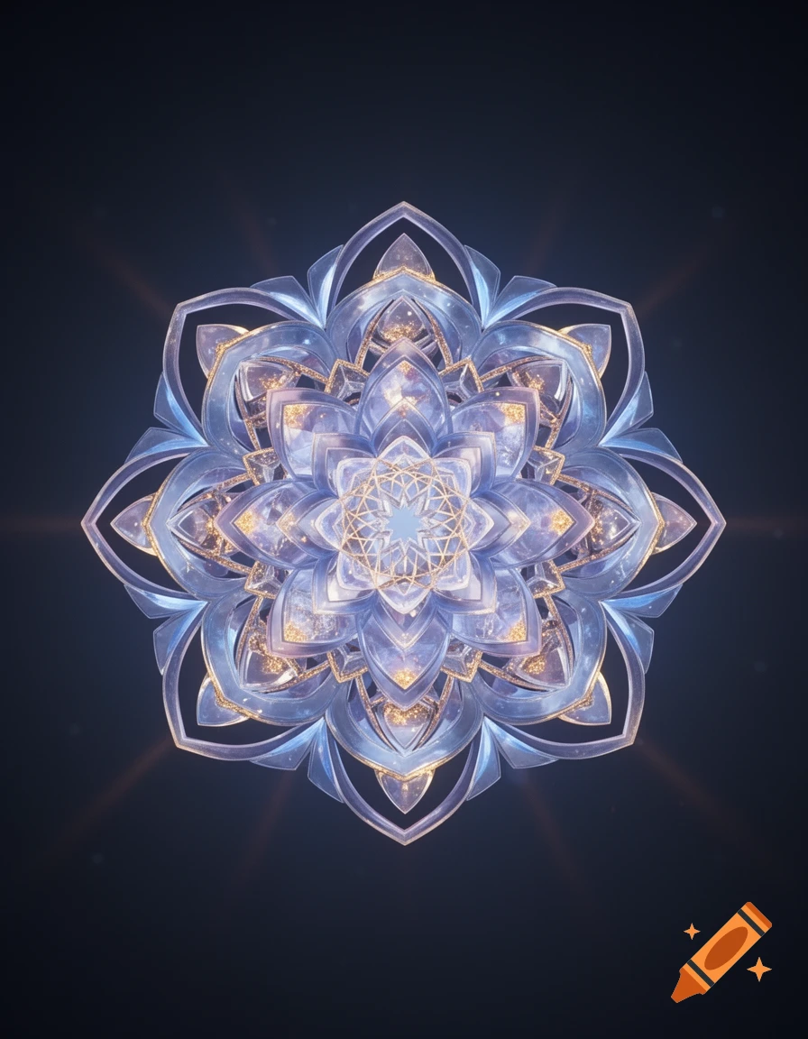 Luminous blue and gold crystalline floral mandala pattern with intricate layers against a dark background.