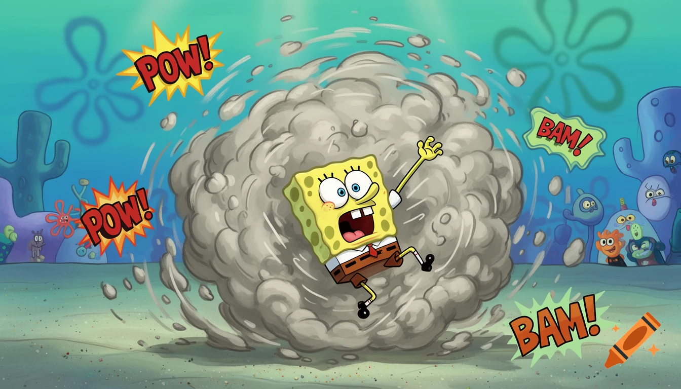 SpongeBob Squarepants emerges from a cartoonish fight cloud with 'POW!' and 'BAM!' text in a vibrant underwater scene.