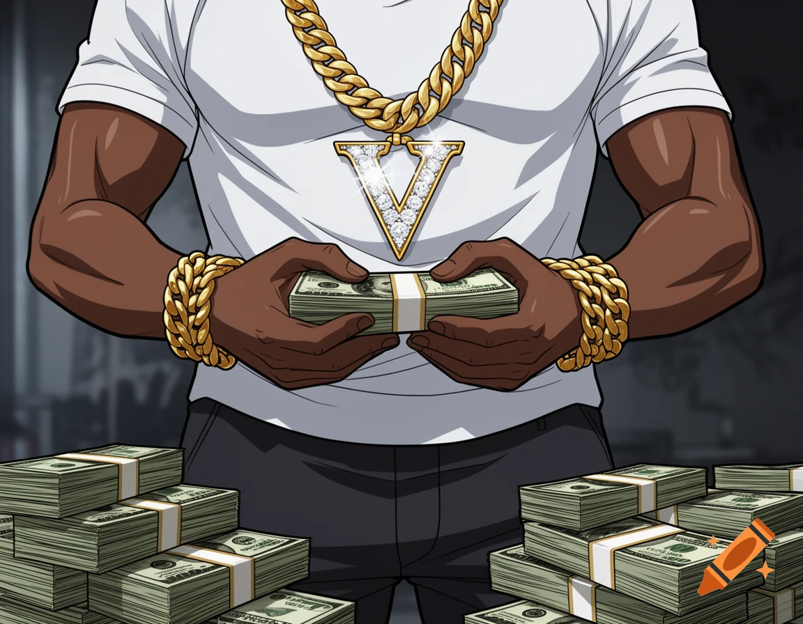 Anime-style depiction of a muscular hip-hop artist in a white t-shirt, holding cash, wearing gold chains and an iced-out 'V' pendant, with stacks of money in the foreground.