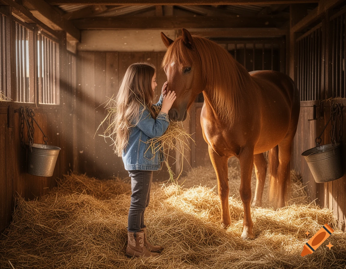Young girl petting a brown horse's face inside a sunlit barn filled with straw.