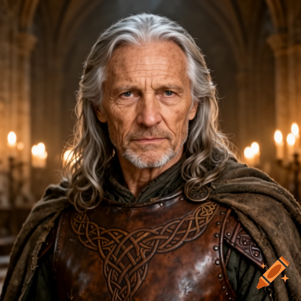 Photorealistic portrait of an old man with long gray hair and beard, wearing leather armor with Celtic knots and a brown cloak in a candlelit medieval hall.