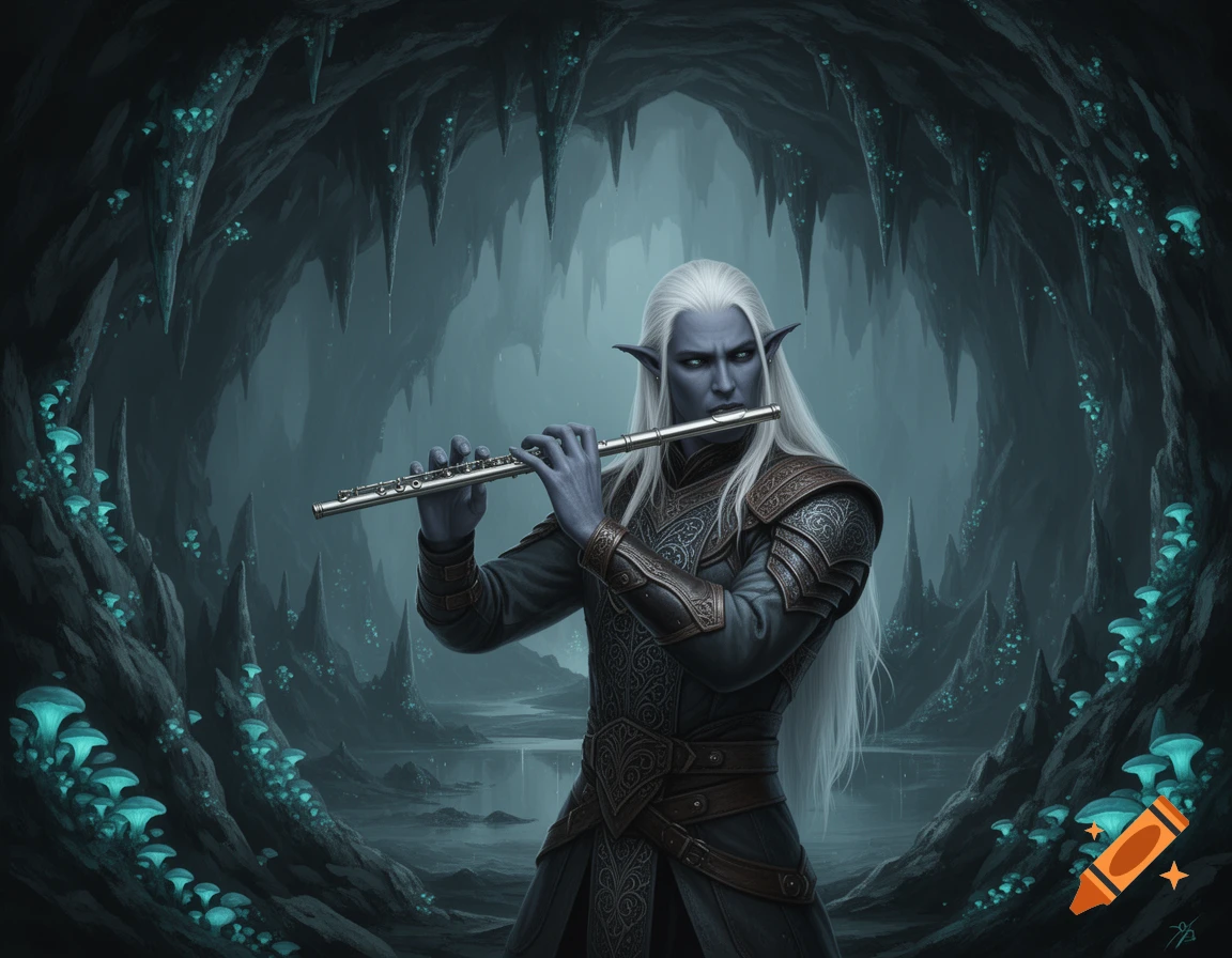 A dark elf with white hair plays a silver flute in a glowing mushroom cave. Fantasy art style.
