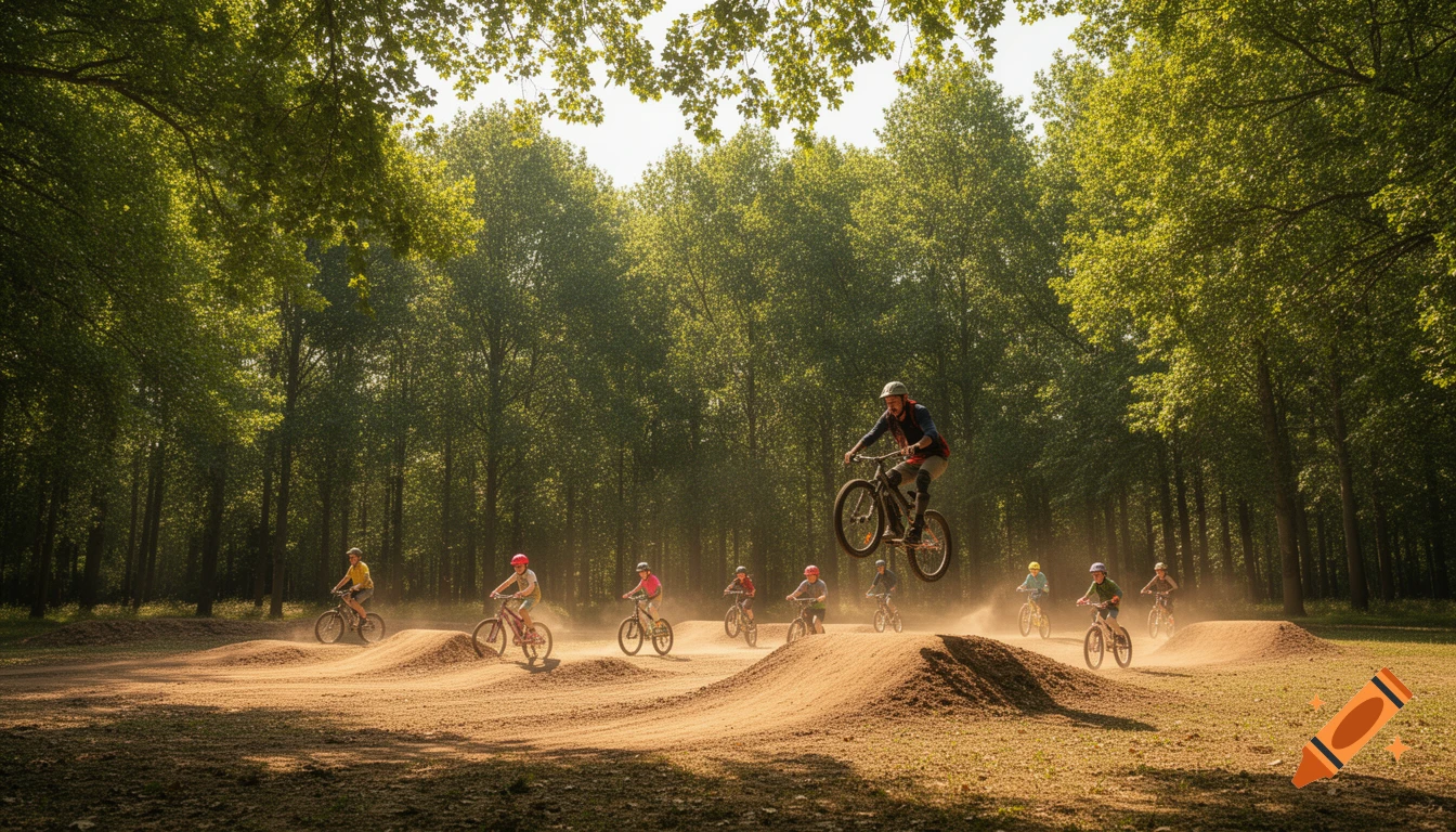 Photorealistic image of an adult cyclist jumping over a dirt ramp while children ride bikes on a track in a sunlit forest.