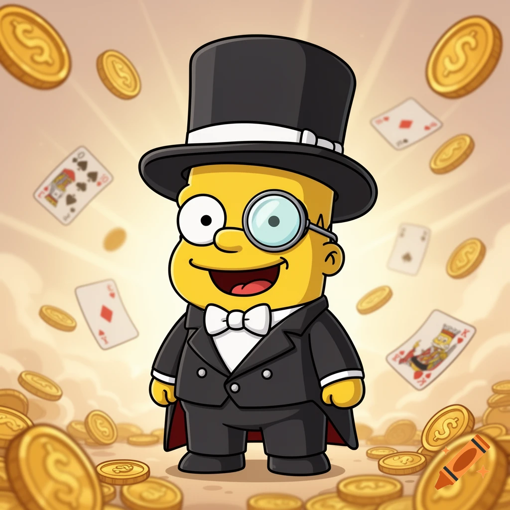 Chibi Bart Simpson in a tuxedo and top hat, wearing a monocle, surrounded by falling gold coins and playing cards.