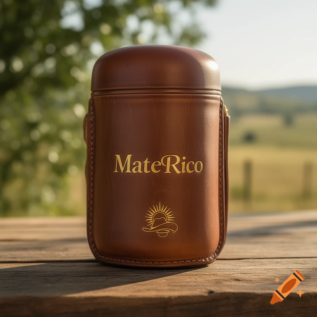 A brown leather thermos with 'MateRico' and a sun-hat logo embossed, sitting on a wooden table outdoors with a blurred green background.