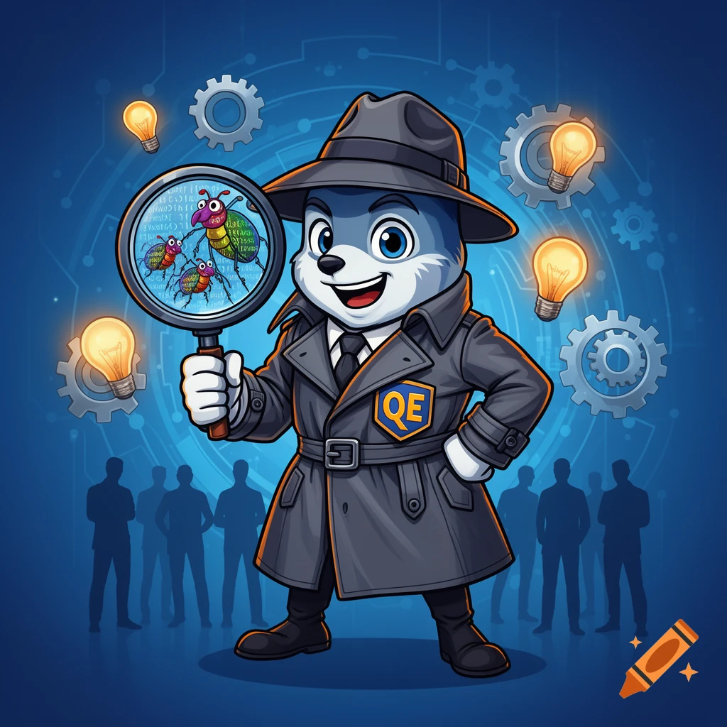 A friendly tech mascot wearing a detective coat and hat, holding a magnifying glass over colorful cartoon software bugs, with a QE badge, gears, lightbulbs, and team silhouettes on a blue background.