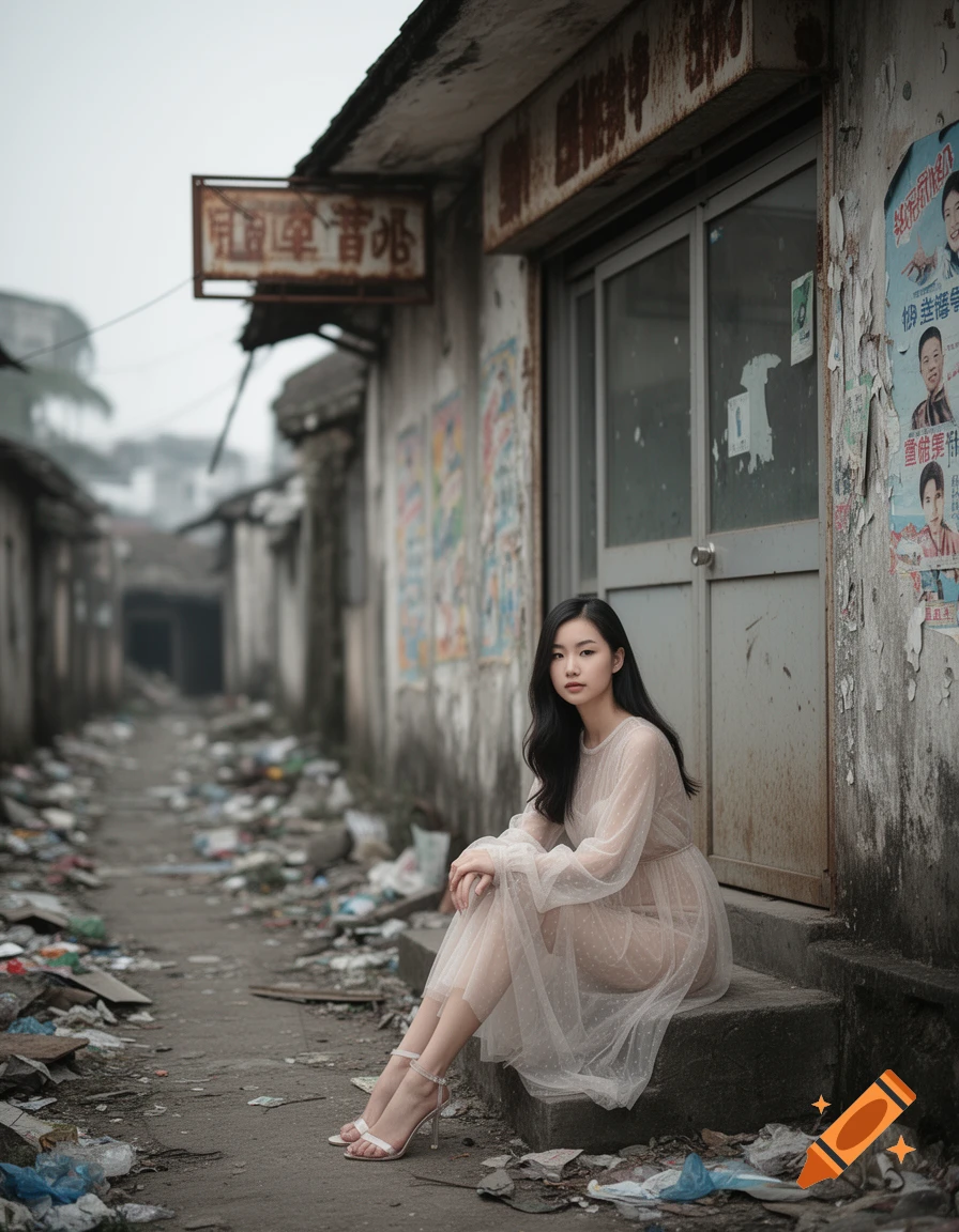 An Asian woman in a sheer white dress and high heels sits on steps in a dirty, dilapidated alleyway.