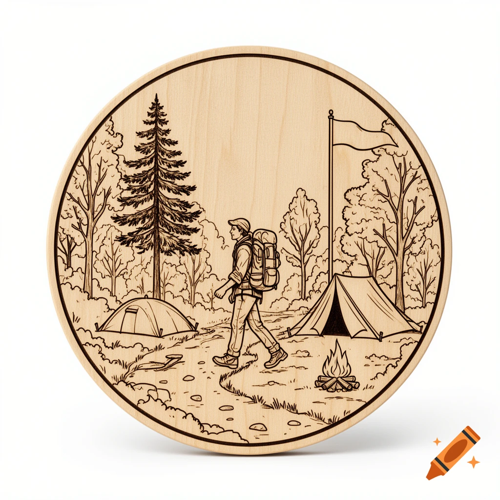 Black and white line art wood burning of a backpacker walking through a campsite with tents, trees, and a campfire on a round wooden plaque.