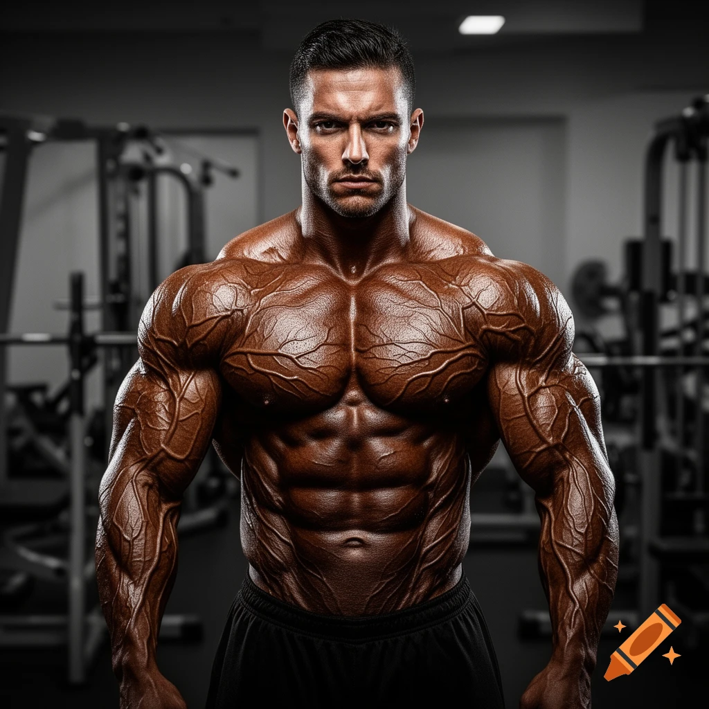 A very muscular, veiny male bodybuilder, shirtless and wearing shorts, poses intensely in a gym.