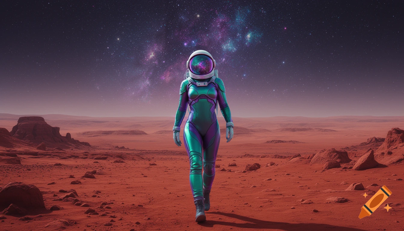 A female astronaut in a reflective teal and purple suit walks across a red Martian landscape under a starry, nebula-filled sky.