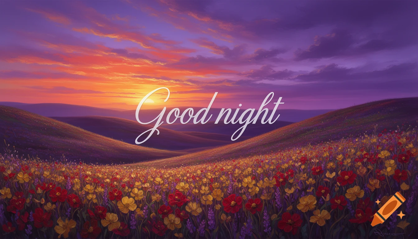 A vibrant sunset over rolling hills blanketed with red and yellow wildflowers, with 'Good night' written in the sky.