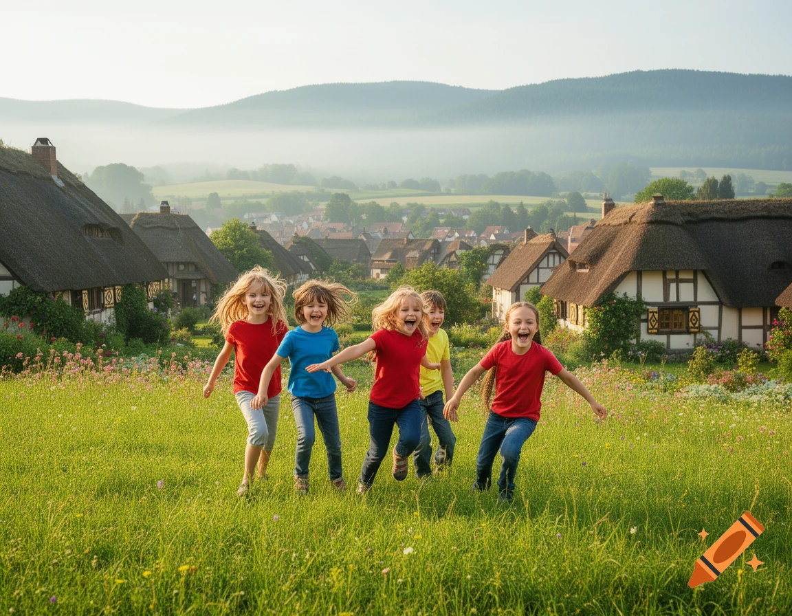Laughing children run through a green meadow above an idyllic village with misty mountains in the background. Photorealistic.
