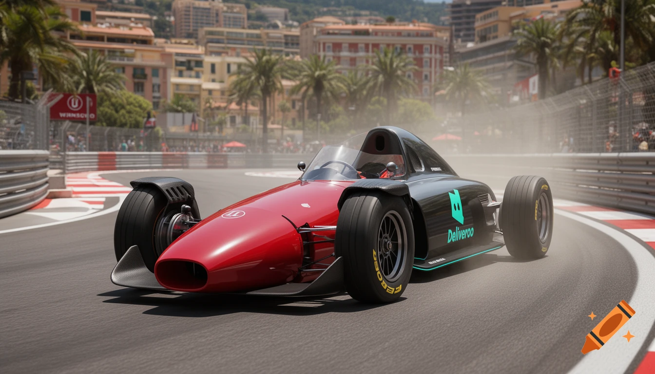 Photorealistic render of a red and black futuristic open-wheel race car with Deliveroo branding on a sunny Monaco Grand Prix circuit.