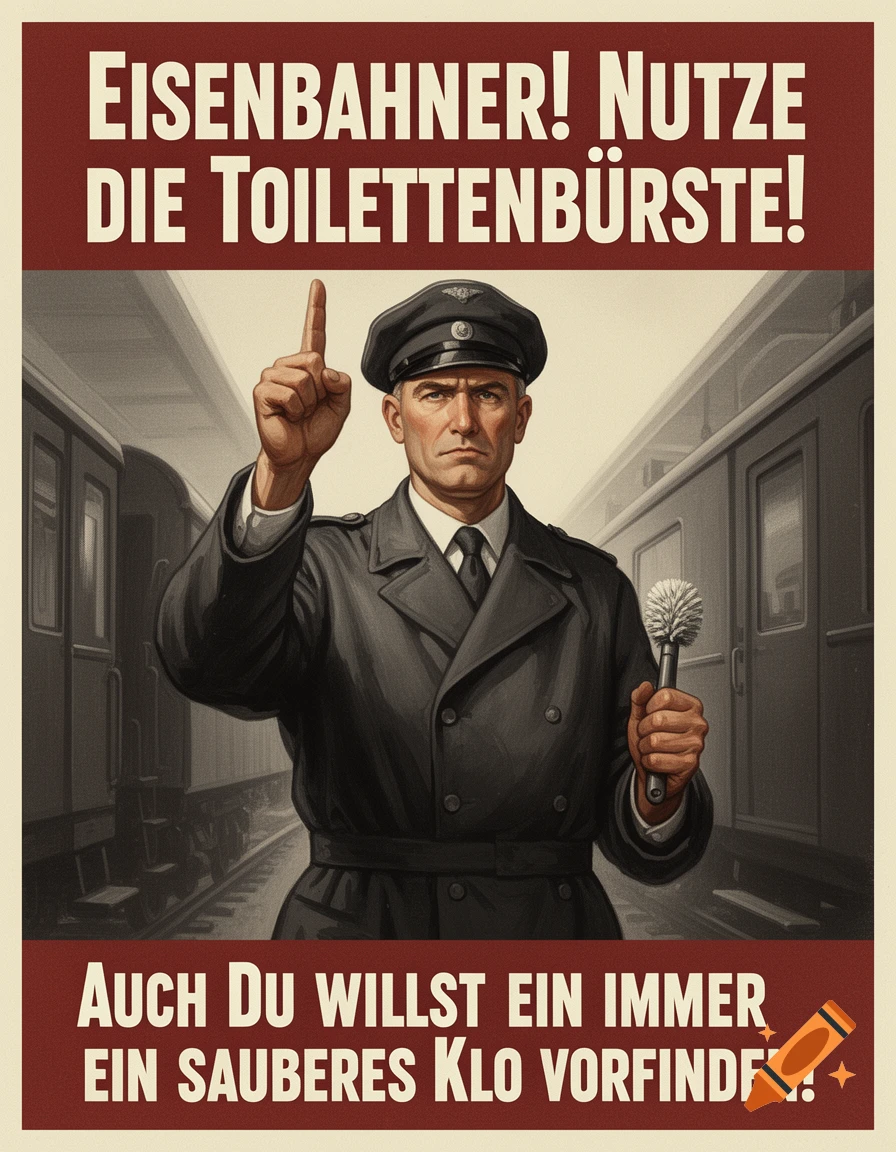 Propaganda poster of a stern railway worker pointing up, holding a toilet brush, with German text promoting cleanliness.
