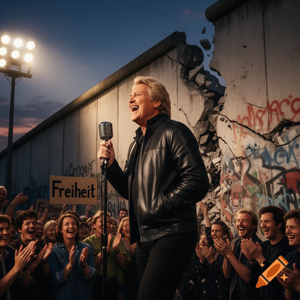 Howard Carpendale joyfully sings into a microphone in front of a broken Berlin Wall with a cheering crowd, under stage lights.