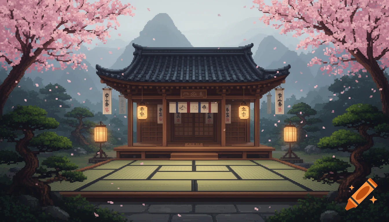 A pixel art scene of a traditional Japanese dojo or temple with a dark roof, surrounded by pink cherry blossom trees, green bonsai trees, and mountains in the background.