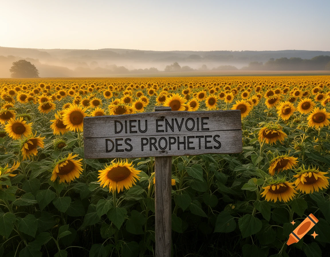 Photorealistic image of a vast sunflower field at sunrise with a rustic wooden sign reading 'DIEU ENVOIE DES PROPHETES'.