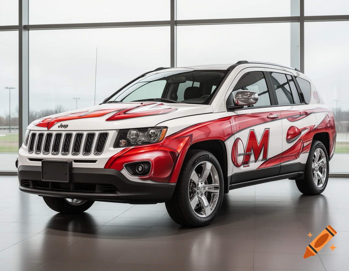 A white Jeep Compass with a custom red and white airbrushed design inspired by the Mach 5, featuring 'OM' text on the side, displayed indoors.