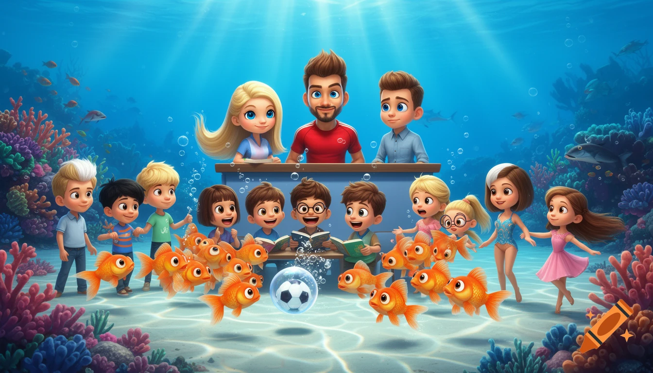 A vibrant cartoon underwater scene depicts human children and adults in a coral reef. Teachers watch over students reading books and playing with goldfish.